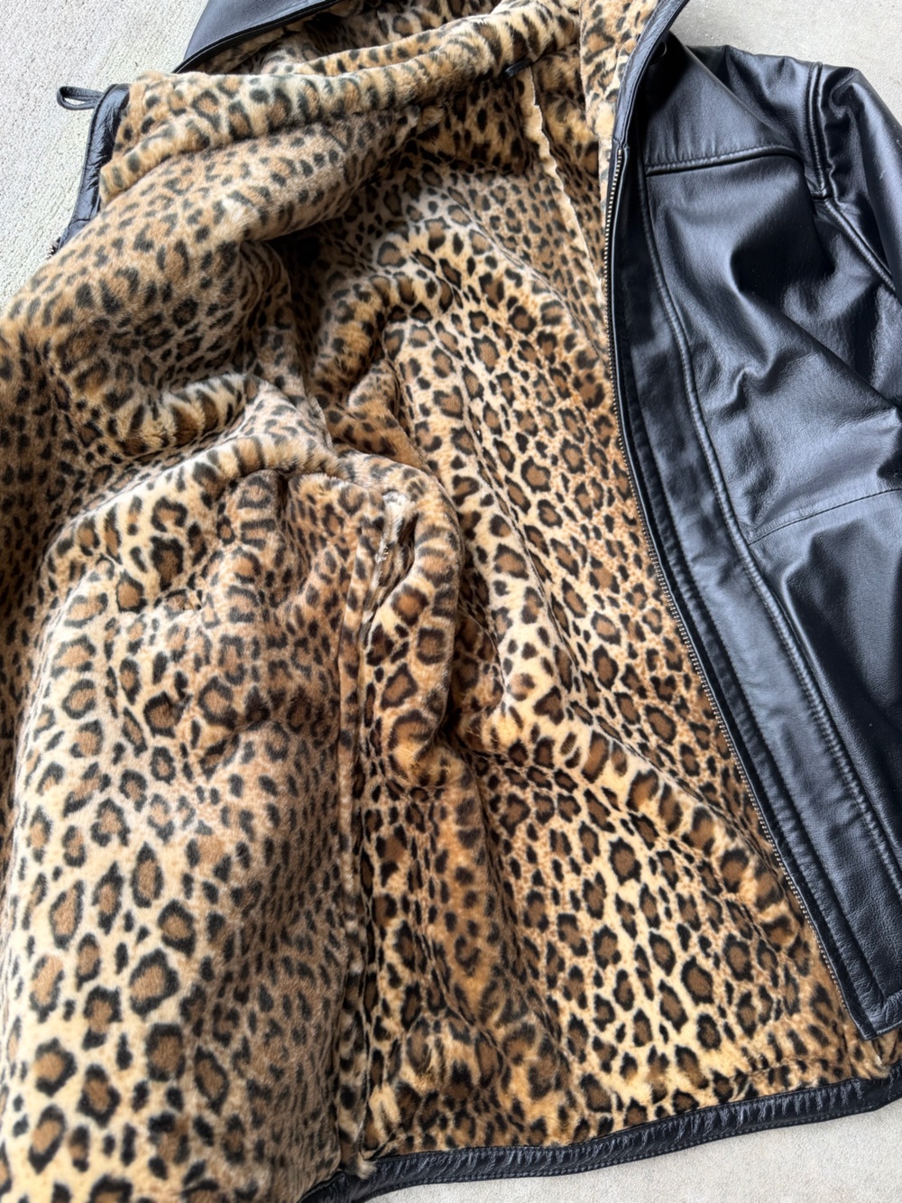 Black Faux Leather Jacket with Leopard Print Lining - Picture 2 of 2